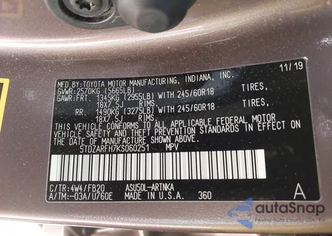 2019 Toyota Highlander Le из США, поврежденный, VIN 5TDZARFH7KS060251